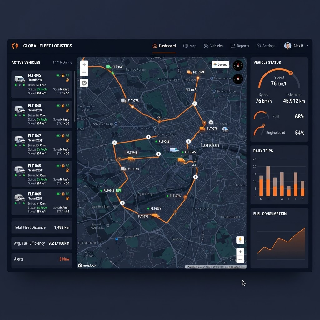 FleetPilot360 live tracking dashboard showing vehicle locations on a map